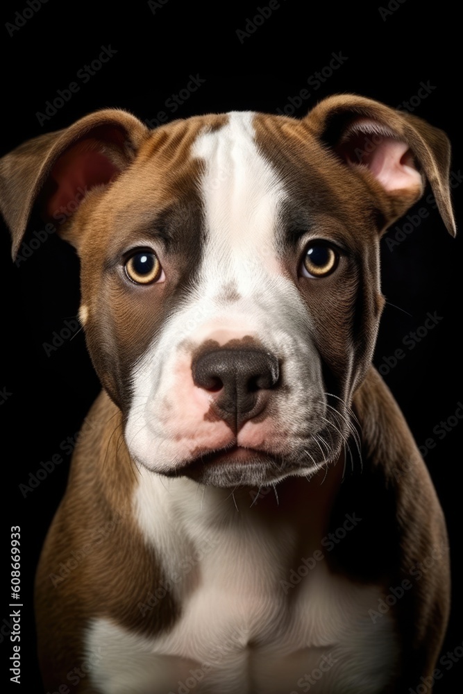 Portrait of brown and white pitbull puppy resting on wood, created using generative ai technology