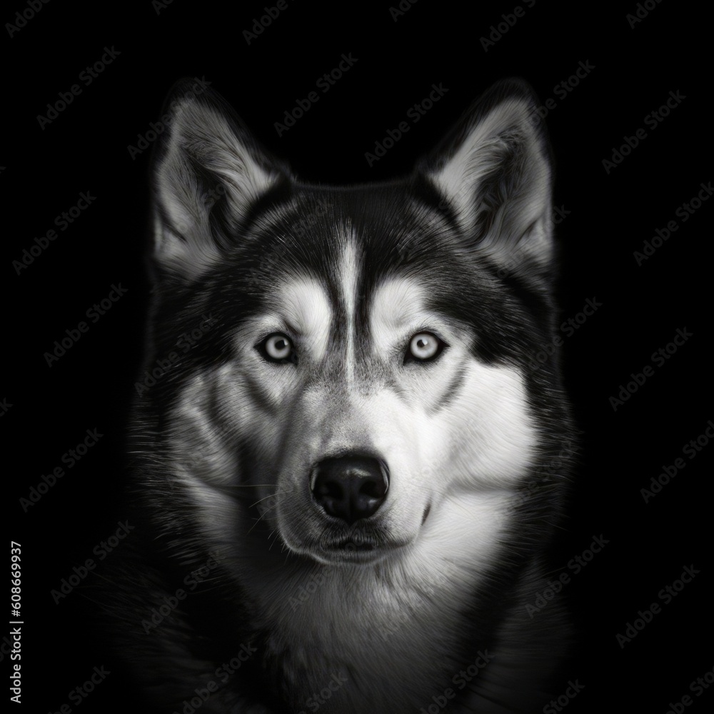 Portrait of siberian husky in field in black and white, created using generative ai technology