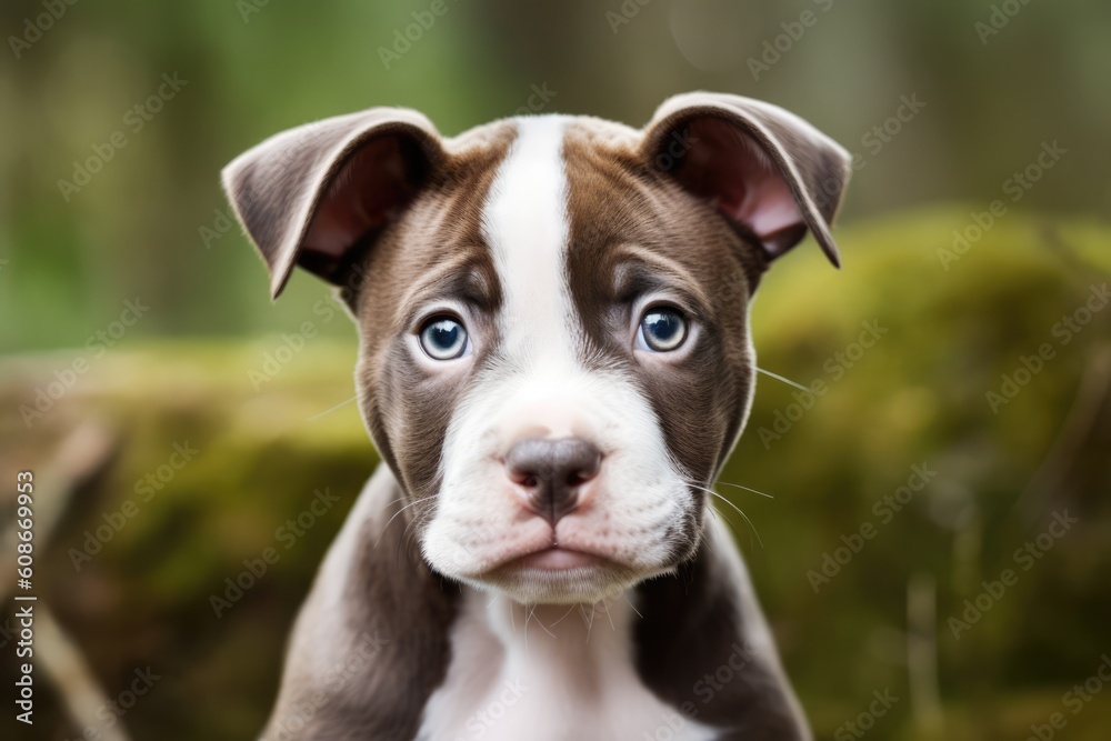 Close up portrait of brown and white pitbull puppy, created using generative ai technology