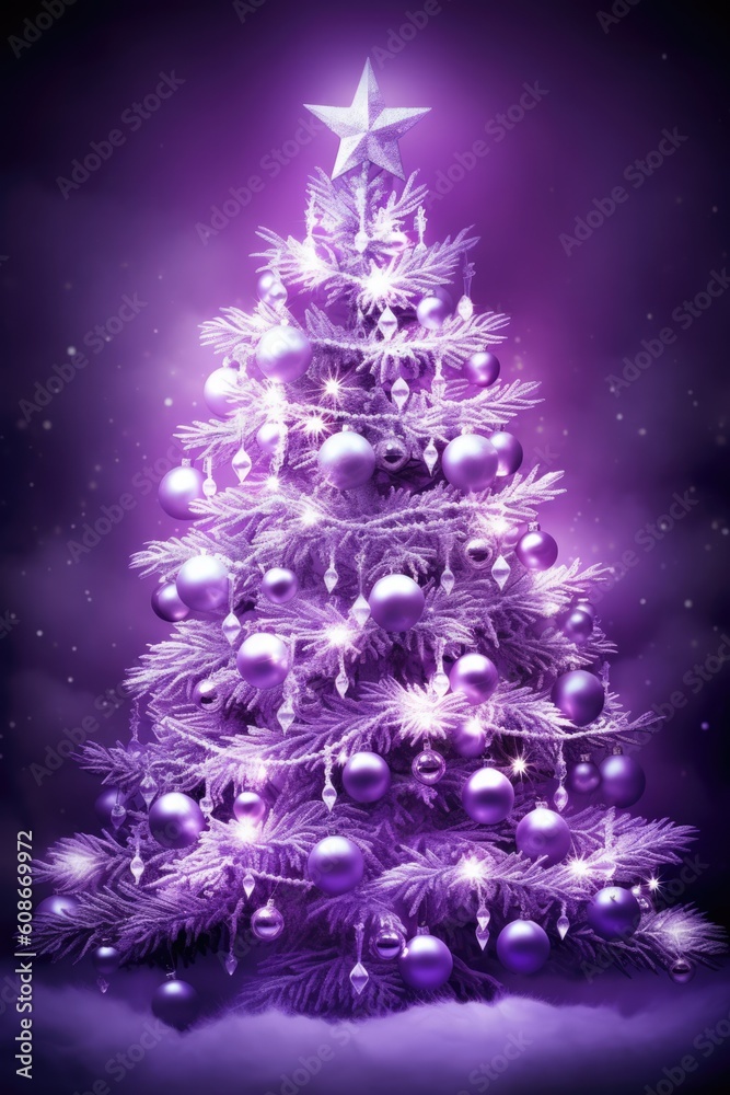 Purple christmas tree and baubles on purple background, created using generative ai technology