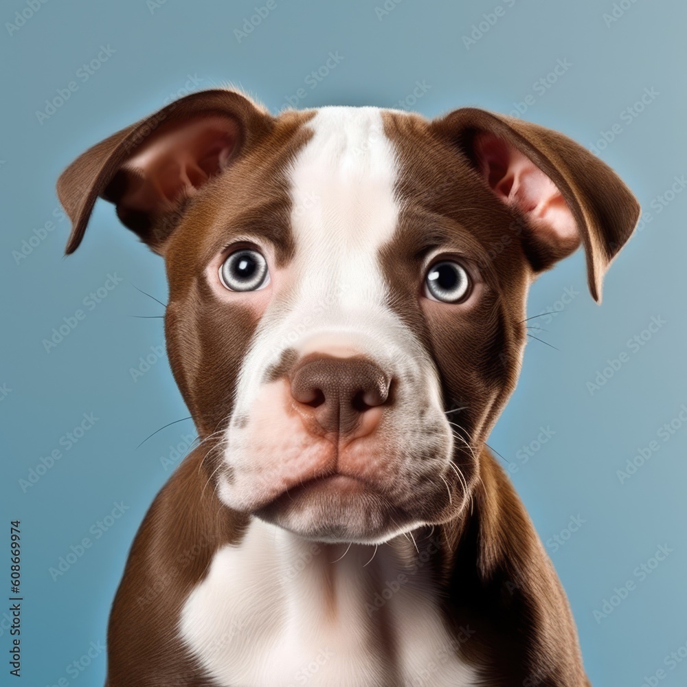 Portrait of brown and white pitbull puppy resting on pillow, created using generative ai technology Portrait of brown and white pitbull puppy resting on pillow, created using generative ai technology