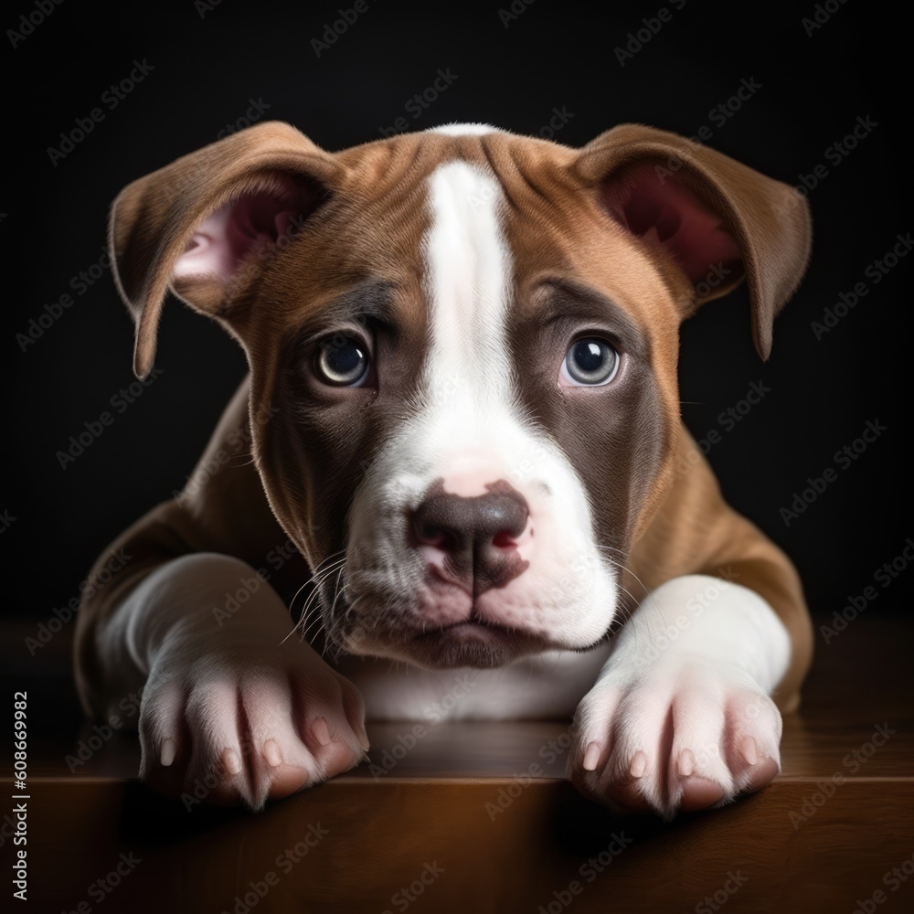 Close up portrait of brown and white pitbull puppy, created using generative ai technology