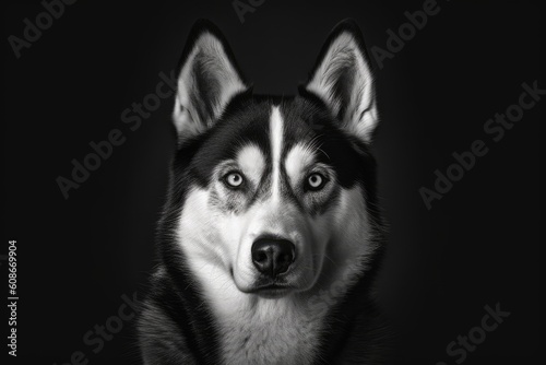 Portrait of siberian husky in field in black and white, created using generative ai technology