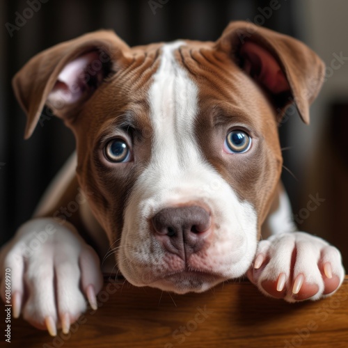 Portrait of brown and white pitbull puppy, created using generative ai technology