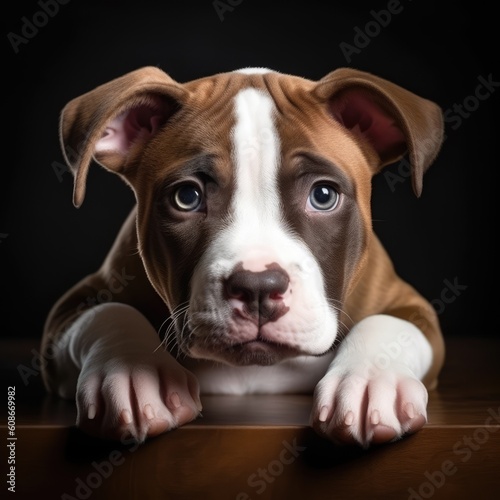 Close up portrait of brown and white pitbull puppy, created using generative ai technology