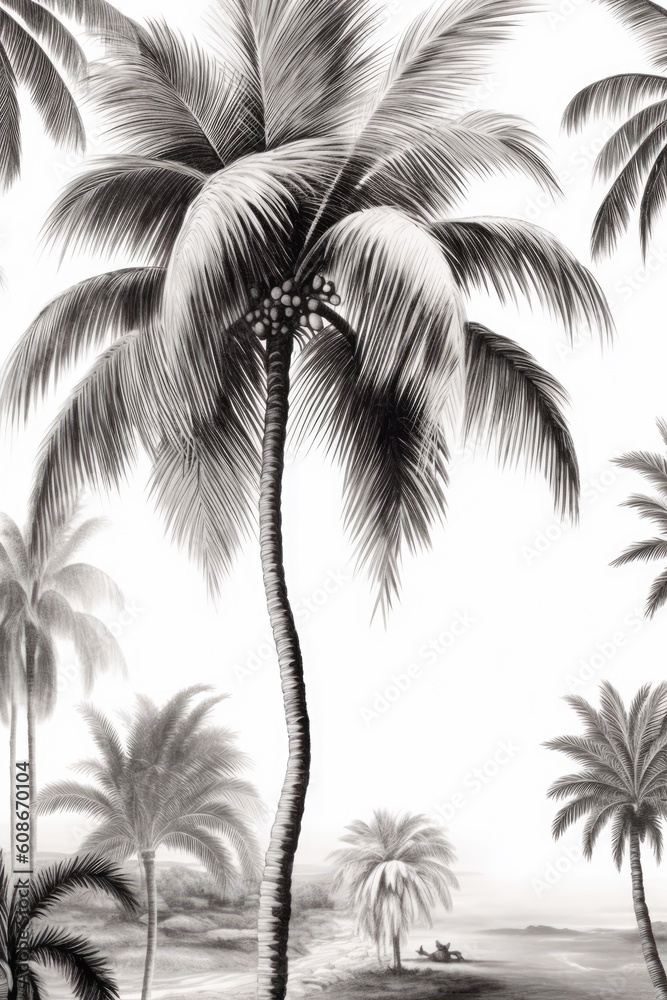 Fototapeta premium Multiple palm trees in black and white, created using generative ai technology