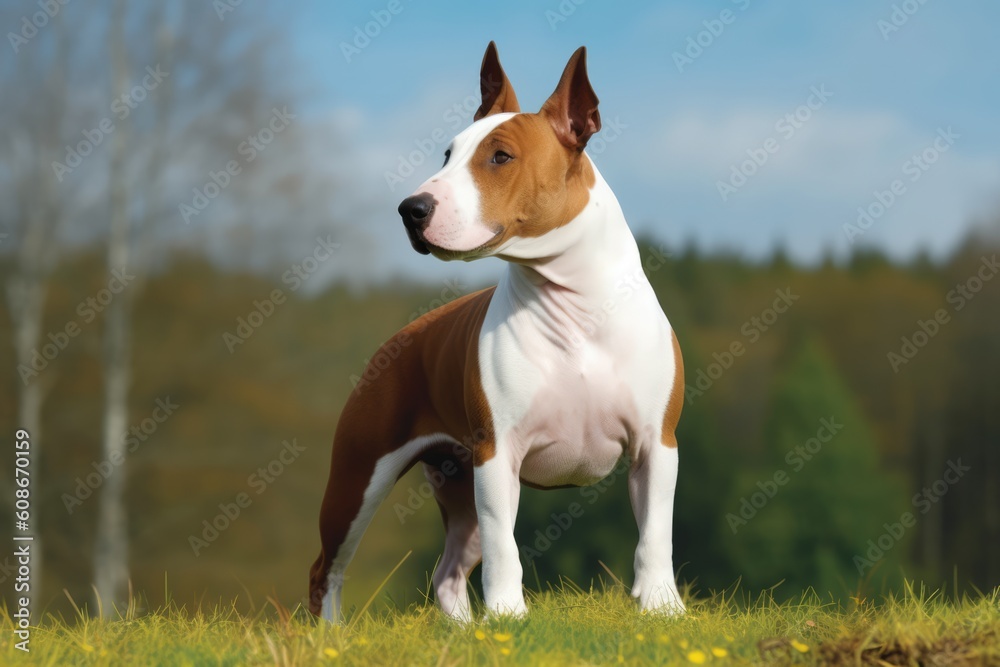 Portrait of brown bull terrier in field, created using generative ai technology