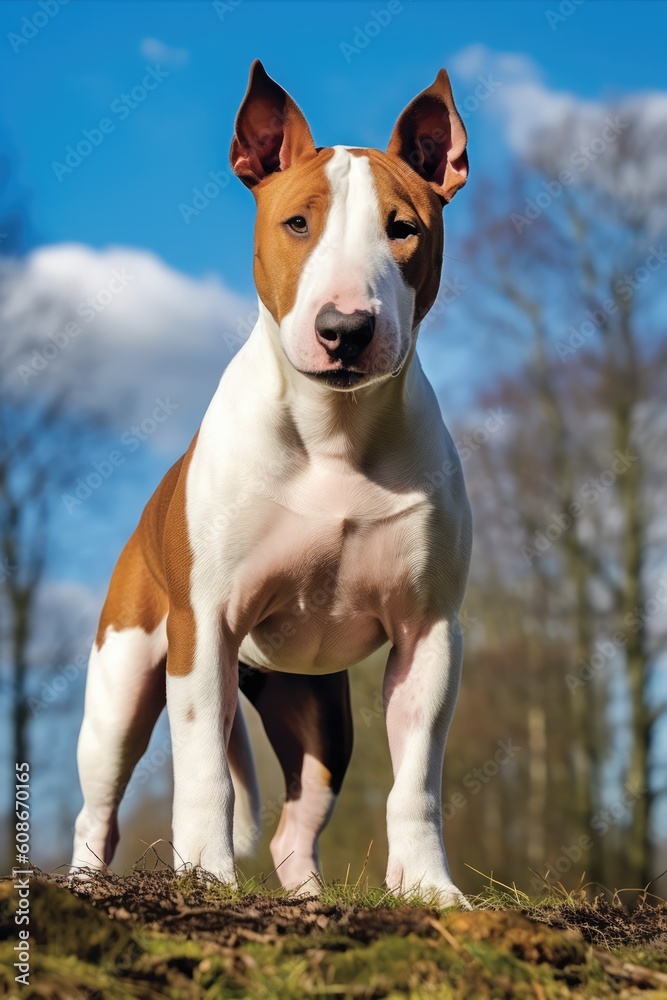 Portrait of brown bull terrier in grass, created using generative ai technology Portrait of brown bull terrier in grass, created using generative ai technology