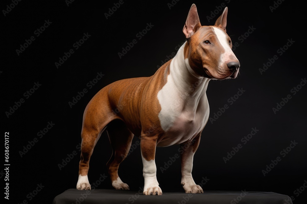Brown bull terrier paws on grey surface on dark background, created using generative ai technology