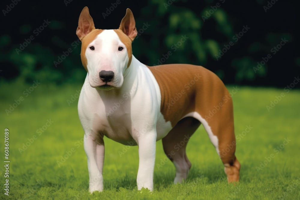 Portrait of brown bull terrier in grass, created using generative ai technology