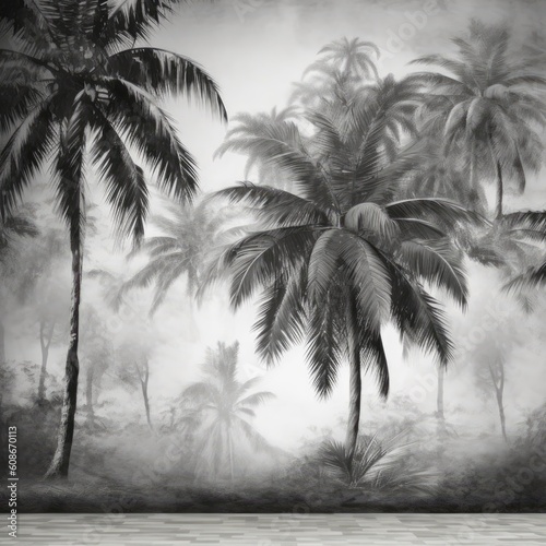 Multiple palm trees and mountains in black and white, created using generative ai technology © Future Vision