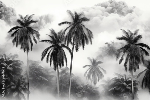 Multiple palm trees and mist in black and white, created using generative ai technology