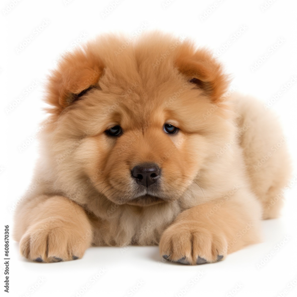 Portrait of cute chow chow puppy on white background, created using generative ai technology