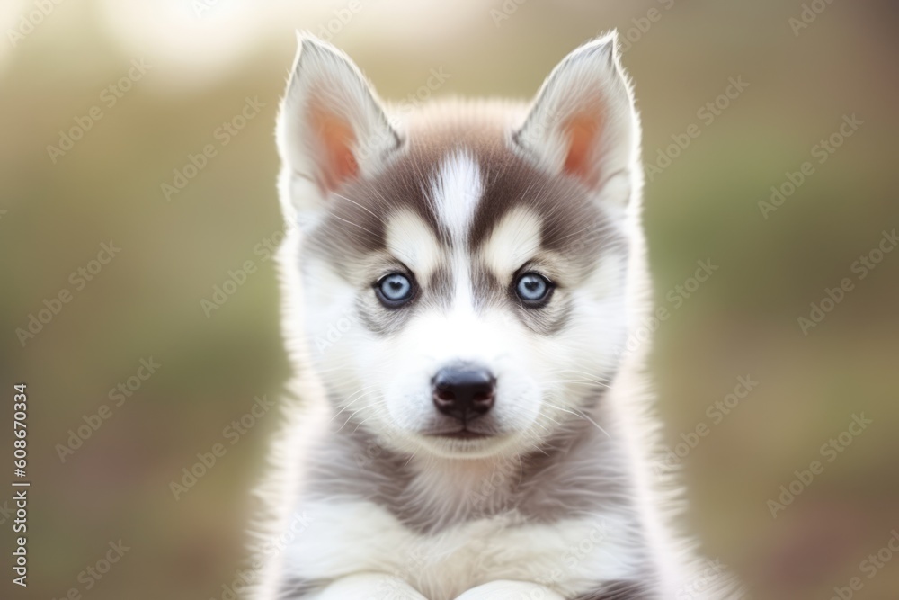Portrait of cute siberian husky puppy lying on blanket, created using generative ai technology