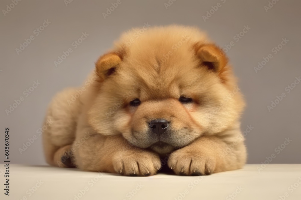 Portrait of cute chow chow puppy lying on wood, created using generative ai technology
