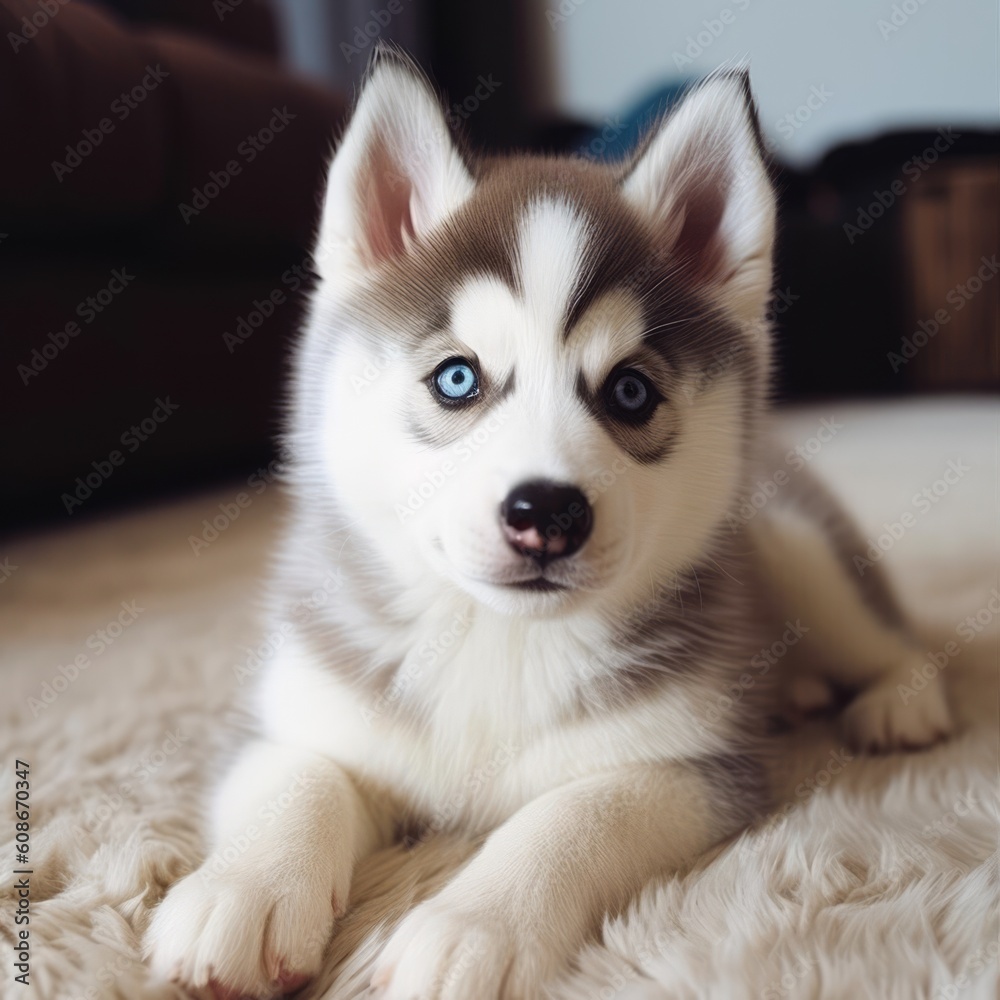 Portrait of cute siberian husky puppy sitting on wood, created using generative ai technology