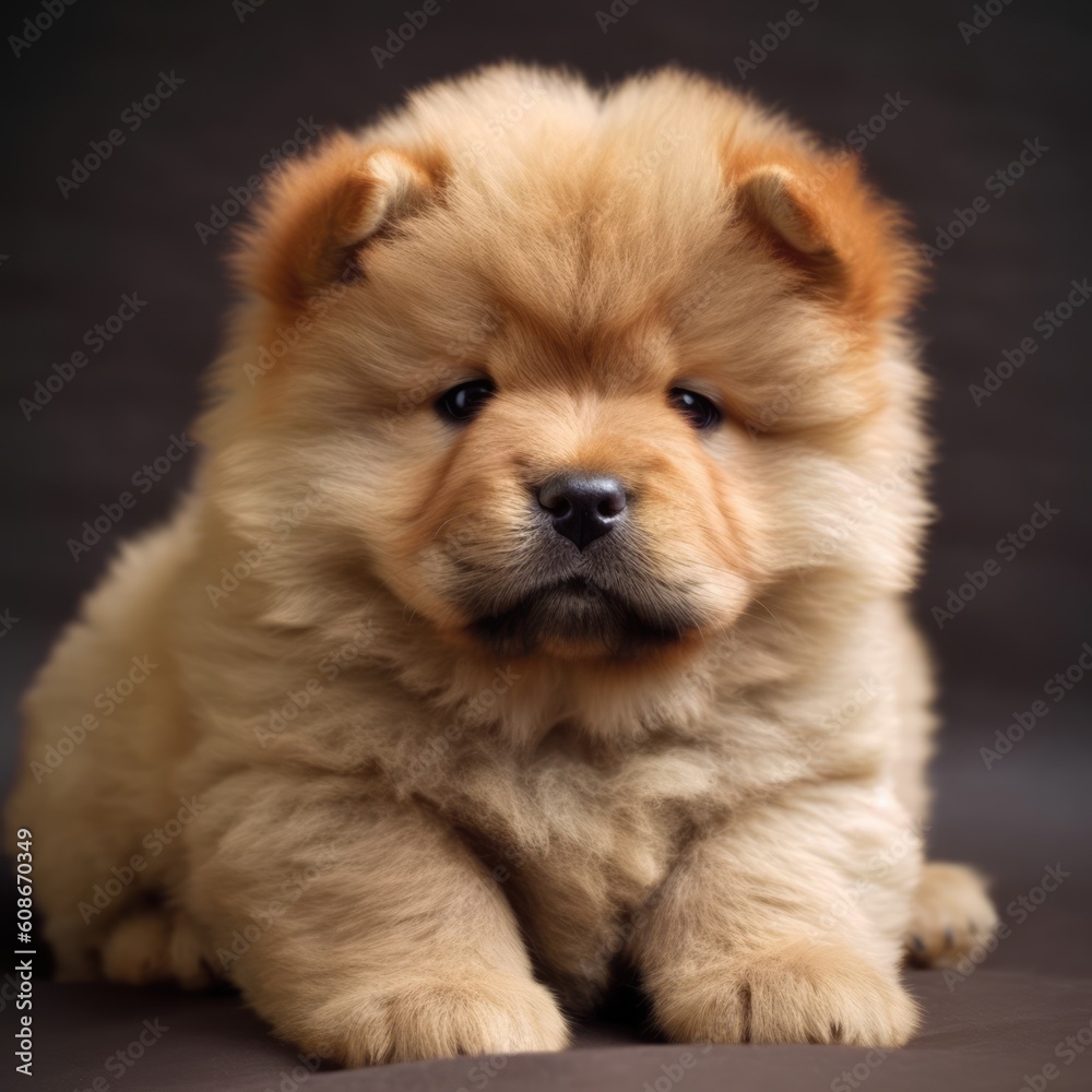 Portrait of cute chow chow puppy lying on wooden floor, created using generative ai technology