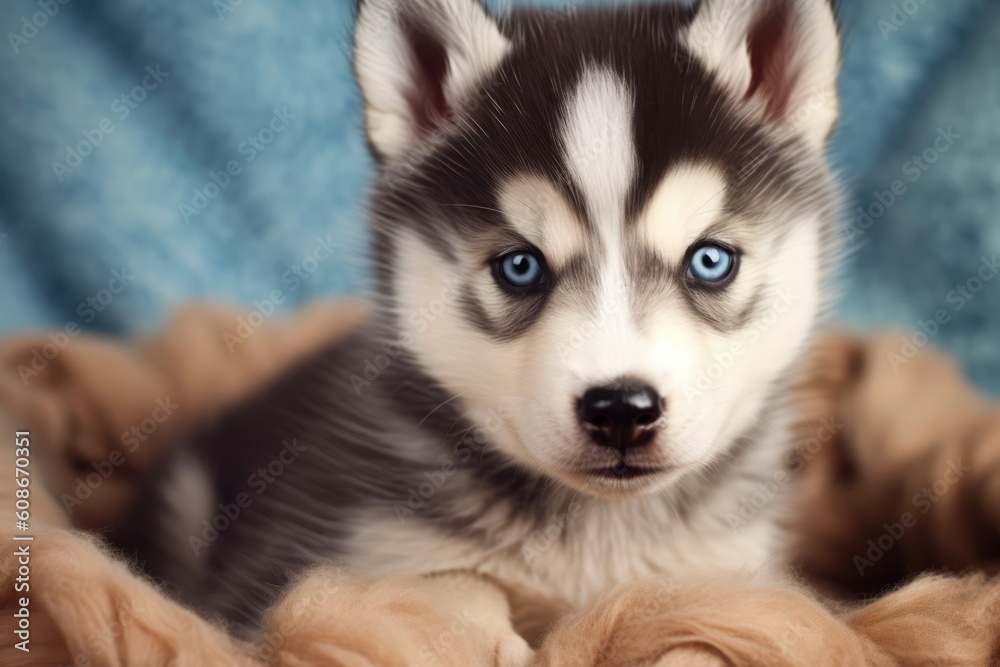 Portrait of cute siberian husky puppy lying on blanket, created using generative ai technology Portrait of cute siberian husky puppy lying on blanket, created using generative ai technology