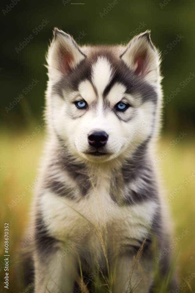 Portrait of cute siberian husky puppy in nature, created using generative ai technology