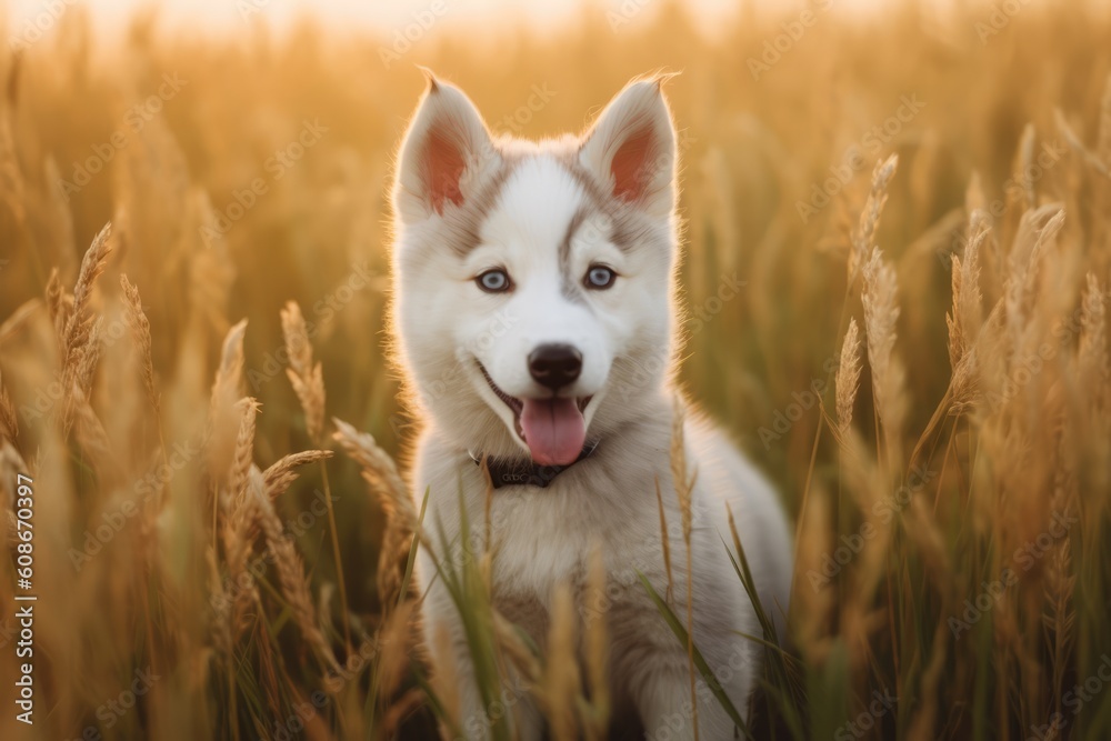 Portrait of cute siberian husky puppy in field, created using generative ai technology