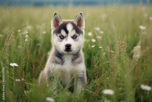 Portrait of cute siberian husky puppy in meadow  created using generative ai technology