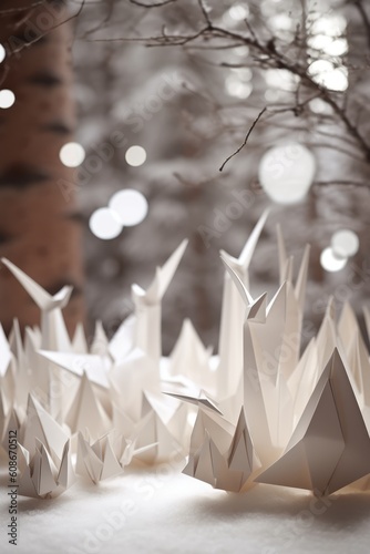 Orange and white paper forest and woodland animals with snow  created using generative ai technology