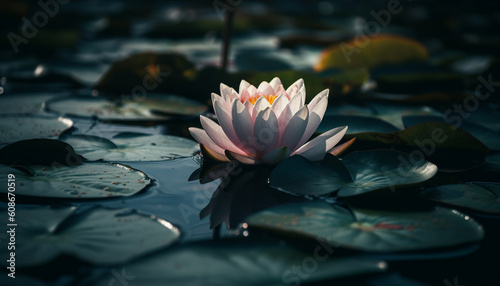 Tranquil scene of lotus water lily floating on water surface generated by AI