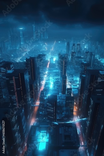 Skyscrapers and blue neon lights at night in cityscape, created using generative ai technology