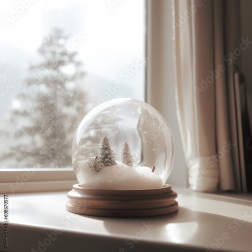 Trees in christmas snow globe with fairy lights by window, created using generative ai technology