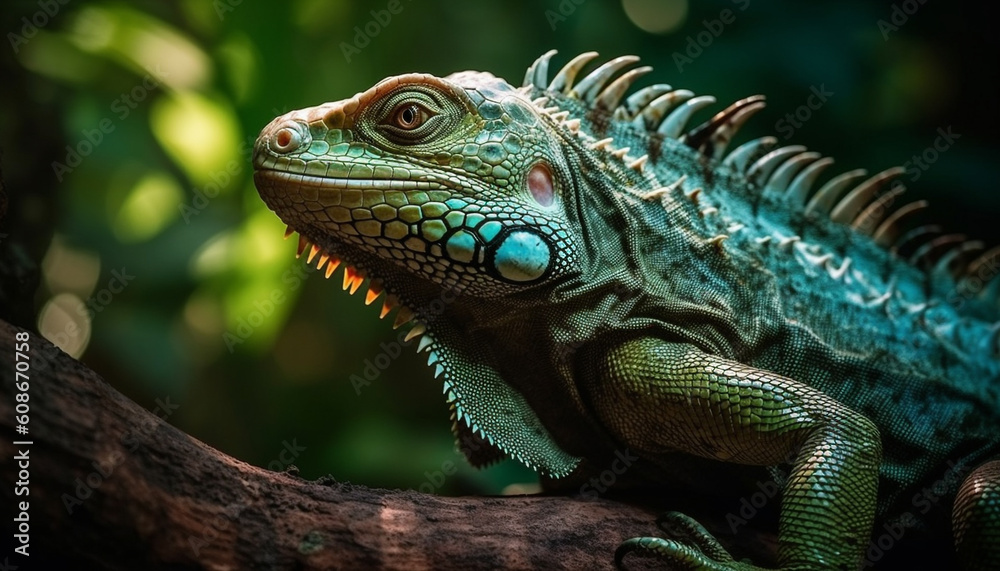 Green iguana perched on branch, scales and eyes mesmerize generated by AI Green iguana perched on branch, scales and eyes mesmerize generated by AI