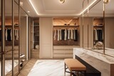 Modern light walk in wardrobe, created using generative ai technology