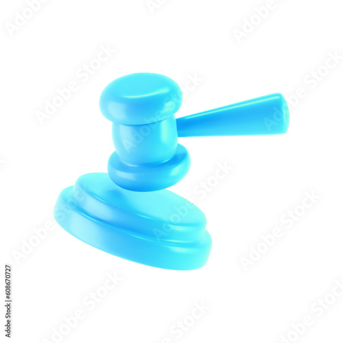 3d blue judge gavel icon isolated on white background. Render of auction hammer and concept of law and judgment. 3d cartoon simple vector illustration