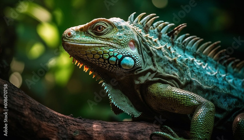 Green iguana perched on branch, scales and eyes mesmerize generated by AI