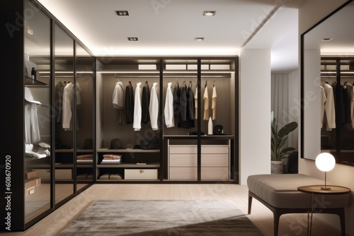 Modern light walk in wardrobe off bedroom, created using generative ai technology