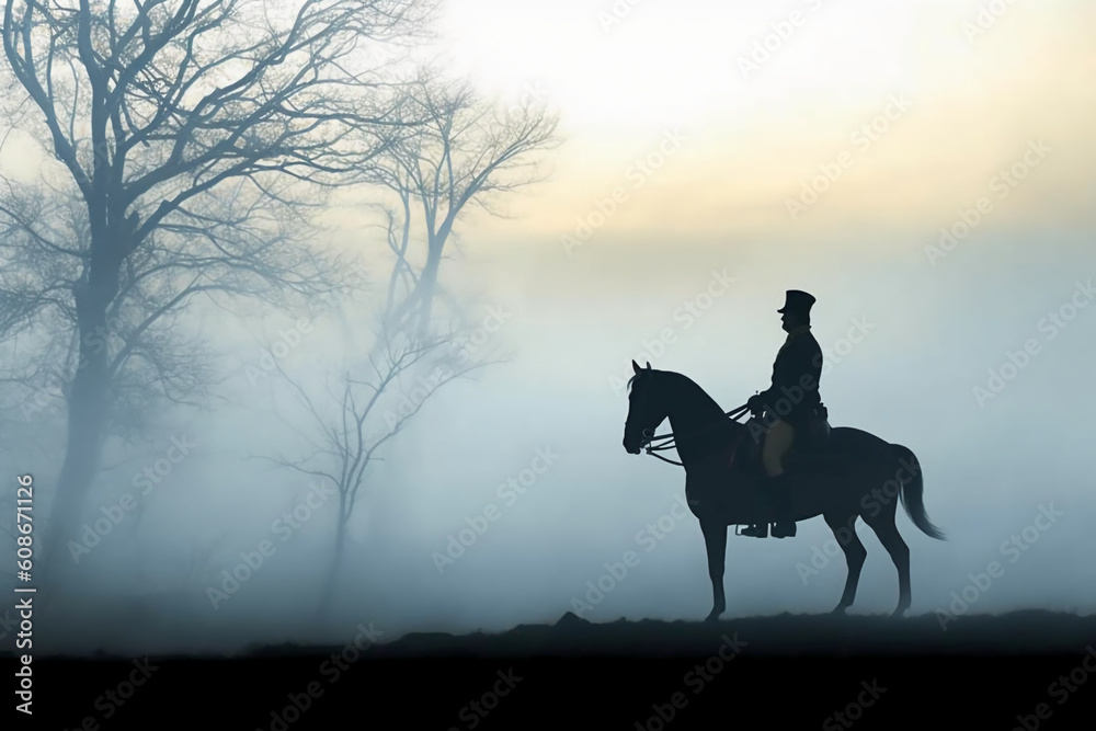 Soldier on a horse, foggy area, silhouette. AI generative Soldier on a horse, foggy area, silhouette. AI generative