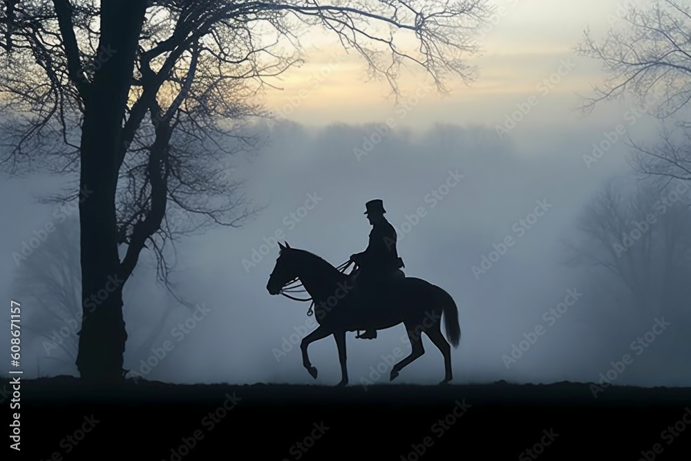Soldier on a horse, foggy area, silhouette. AI generative Soldier on a horse, foggy area, silhouette. AI generative