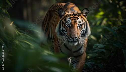 The majestic Bengal tiger, a large and endangered striped feline generated by AI © djvstock