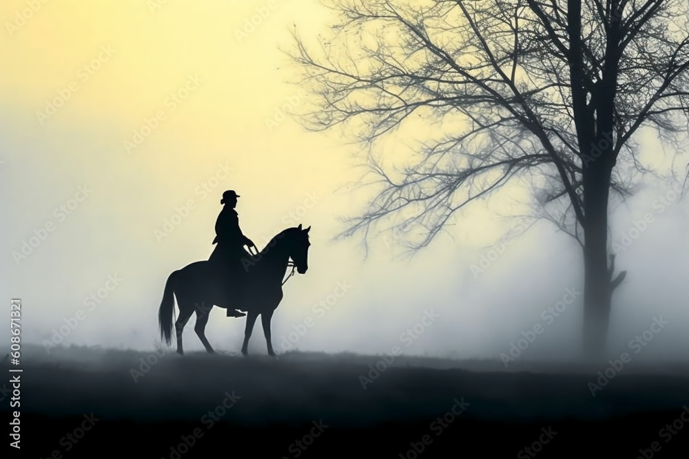 Soldier on a horse, foggy area, silhouette. AI generative Soldier on a horse, foggy area, silhouette. AI generative