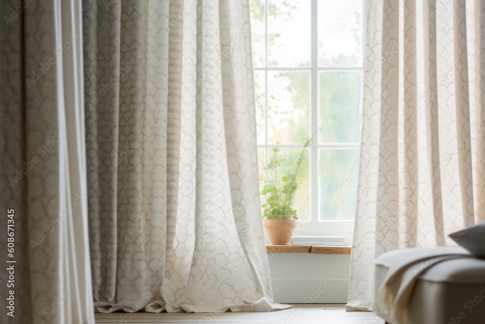 White curtains with patterns hanging in room with window, created using generative ai technology White curtains with patterns hanging in room with window, created using generative ai technology