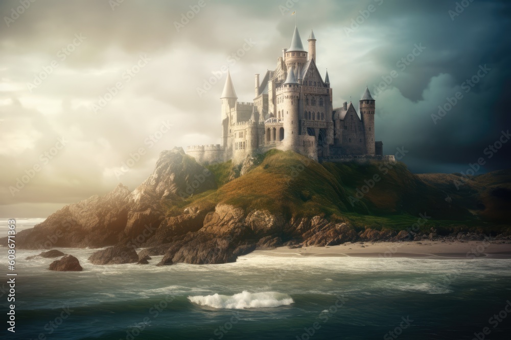 Celestial sky over castle on rocky and green island in sea, created using generative ai technology Celestial sky over castle on rocky and green island in sea, created using generative ai technology