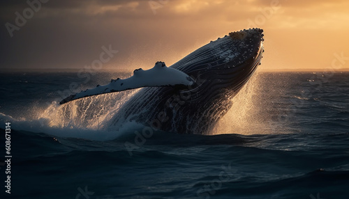 Majestic humpback whale breaches in awe inspiring sunset seascape generated by AI © djvstock