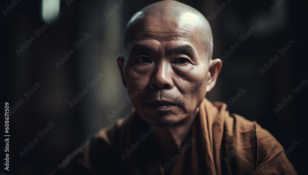 Serene monk meditating, focusing on spirituality and indigenous cultures generated by AI - obrazy, fototapety, plakaty 