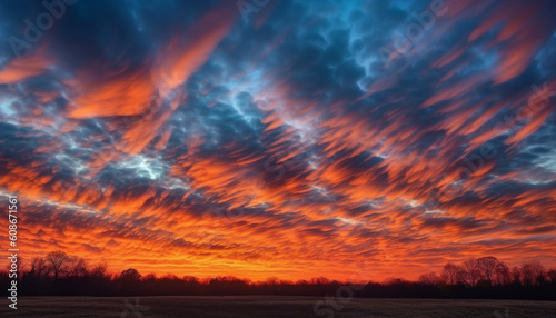 A tranquil sunrise silhouette over a vibrant multi colored meadow generated by AI