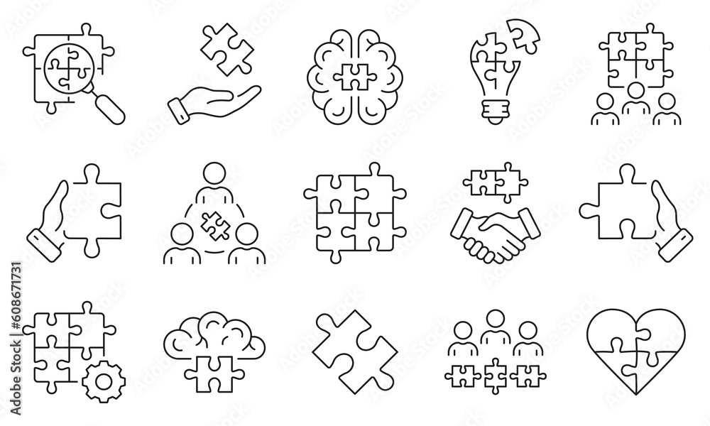 Business Partnership, Teamwork Line Icon Set. Team Connection, Communication Management Linear Pictogram. Jigsaw Puzzle Pieces Outline Symbol Collection. Editable Stroke. Isolated Vector Illustration
