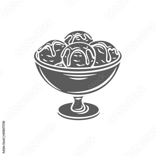 Lokma, Turkish dessert glyph icon vector illustration. Stamp of bowl with luqaimat, deep fried dough balls in sugar syrup or honey in cup, Middle Eastern sweets, Lokma traditional gourmet snack photo