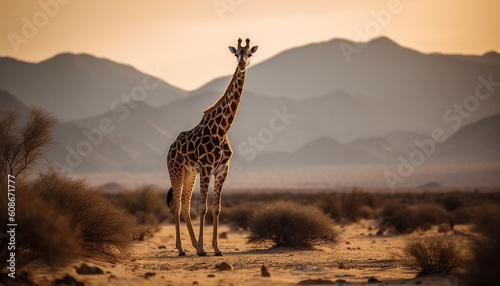 A tranquil scene of a giraffe standing in the savannah generated by AI