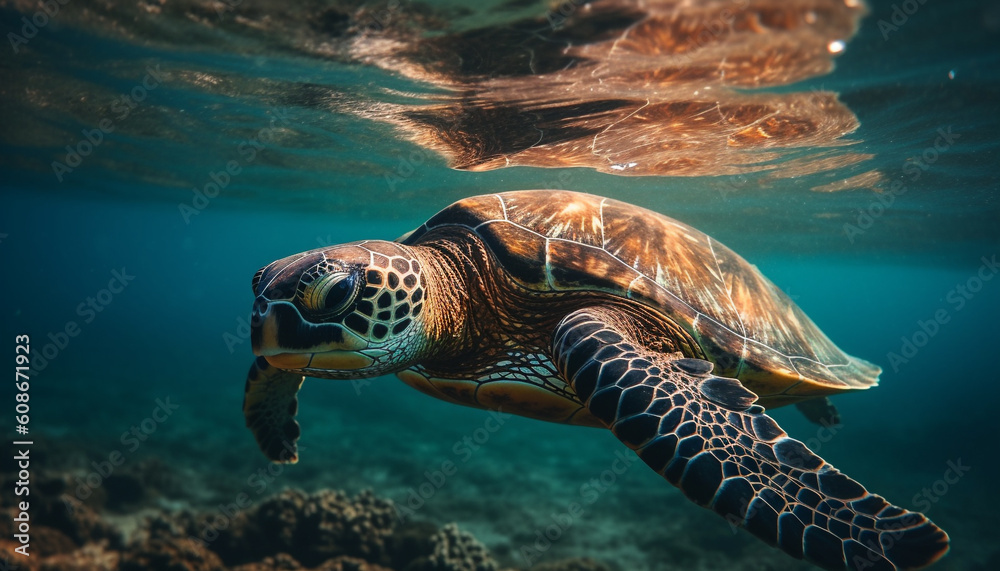 Fototapeta premium Endangered sea turtle swims in tranquil blue reef, below sand generated by AI