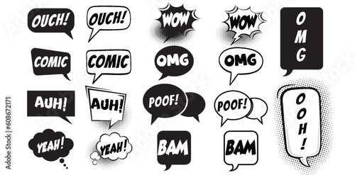 Comic sound effects in pop art style, vector Cartoon explosions, sound expression and comic speech bubble, set 4