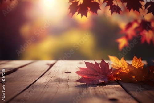 Green nature background  empty wooden table planks  autumn vibe. Generative AI