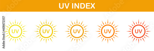 Sun Radiation Index Icons Set. Skin Protection From Sunlight Pictogram. Block Danger Solar Ultraviolet Rays Symbol Collection. SPF Label. Isolated Vector Illustration